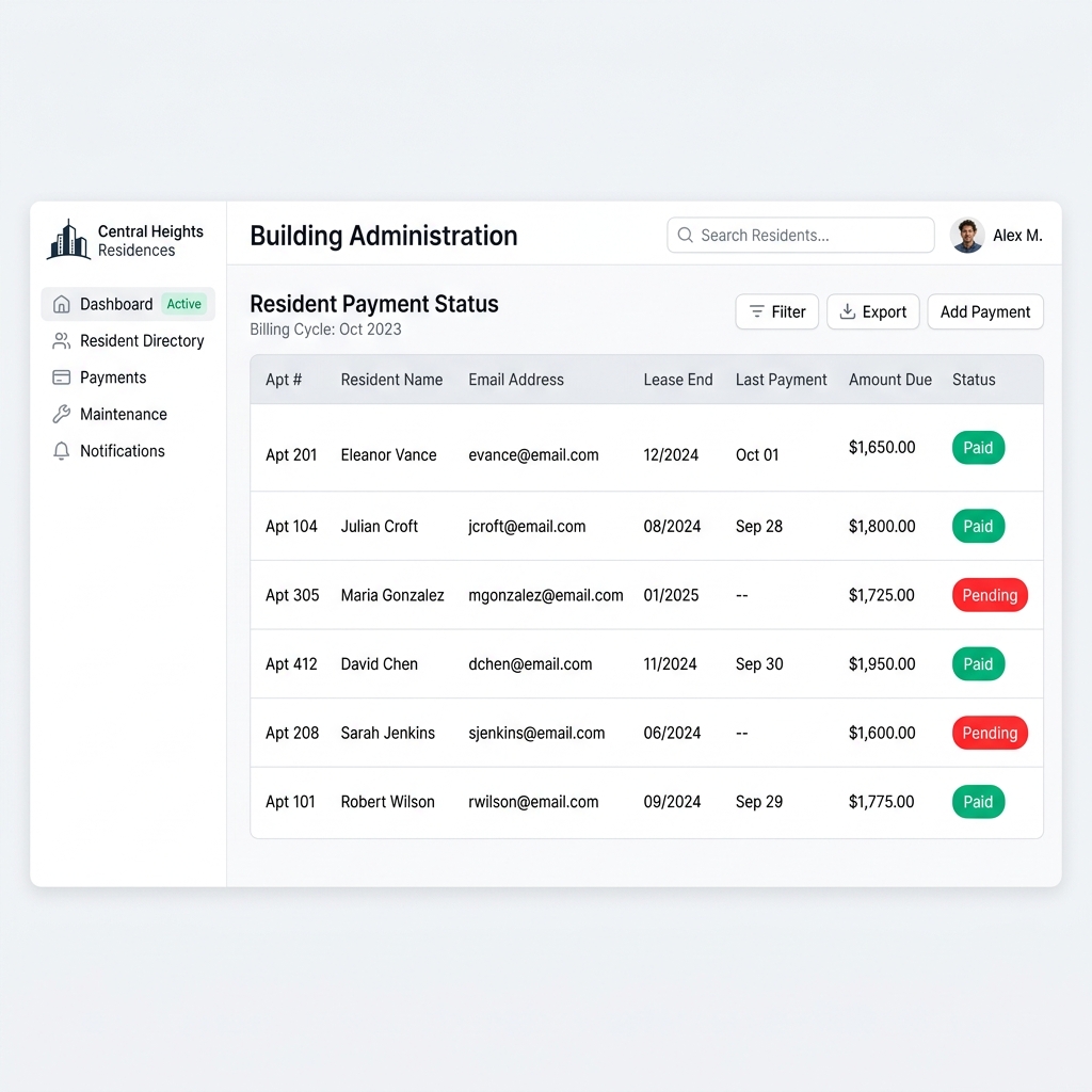 Módulo de control de pagos y residentes del software para edificios